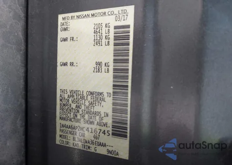 2017 Nissan Maxima 3.5 S z USA, uszkodzony, nr VIN 1N4AA6AP2HC416745